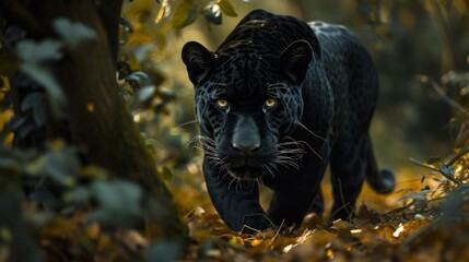 Close-up of a black panther in the jungle, A black jaguar walks stalking prey. generative AI image - obrazy, fototapety, plakaty