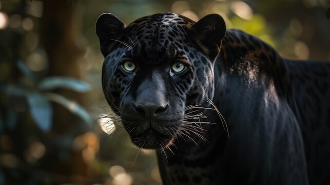 Close-up of a black panther in the jungle, A black jaguar walks stalking prey. generative AI image