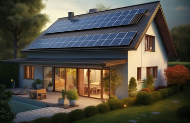 Fototapeta na wymiar Modernes Haus mit nachhaltigem Energiekonzept, Solarenergie bei Neubau eines freistehenden Haus, Wohnen der Zukunft, Energiewende