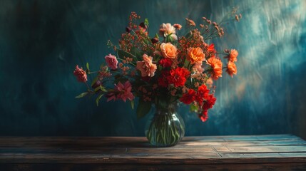 Flower vase bouquet on wooden table on isolated dark background. copy space. generative AI - obrazy, fototapety, plakaty