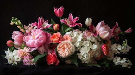 a bouquet of vibrant peonies, roses, tulips, lilies, and hydrangeas against a sleek black background, leaving ample space in the center for text, showcasing the beauty of these floral varieties.