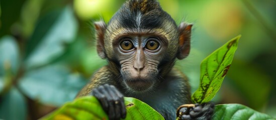 Obraz premium Monkey Hunting for Food, Minimizing Waste: A Primate's Solution to Humans' Impact on Nature