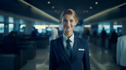 Flight attendant smiling at the camera on an airport hall