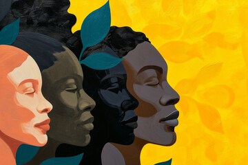 Painting of four overlapping, side-profile portraits of African women’s faces in a row