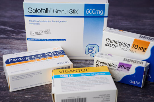 Mainz, Germany - Feb 04, 2024:: Various medications that can be used in the treatment of intestinal diseases, including the active ingredient mesalazine and cortisone