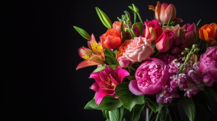 a bouquet of vibrant peonies, roses, tulips, lilies, and hydrangeas against a sleek black background, leaving ample space in the center for text, showcasing the beauty of these floral varieties.
