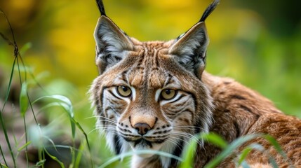 Obraz premium Close-up Head of Eurasian Lynx in forest environment. generative AI image