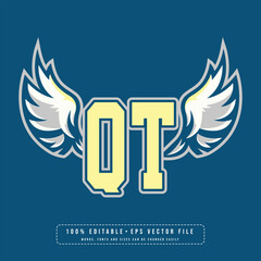 QT wings logo vector with editable text effect. Editable letter QT  college t-shirt design printable text effect vector