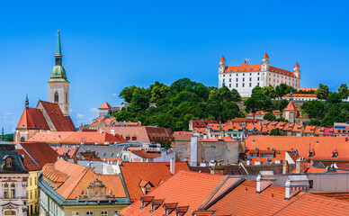 Bratislava, Slovakia: Panoramic rooftop view of Bratislava Castle, the cathedral and the old town - 728056104