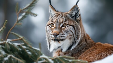 Fototapeta premium Close-up Head of Eurasian Lynx in forest environment. generative AI image