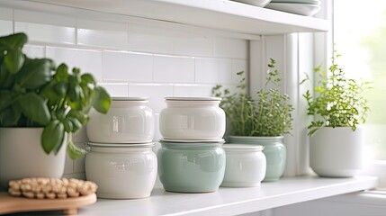 kitchen organization with white and light green smooth ceramic jars meticulously arranged for cereals, neatly displayed on a kitchen shelf, radiating a sense of freshness and sophistication.
