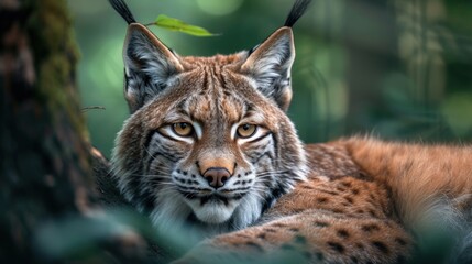 Naklejka na ściany i meble Close-up Head of Eurasian Lynx in forest environment. generative AI image
