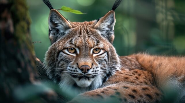 Close-up Head of Eurasian Lynx in forest environment. generative AI image