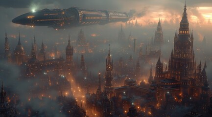 Steampunk 3D metropolis with towering clockwork skyscrapers, steam-powered airships