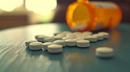 Photograph of prescription pills scattered on the table with open pill bottles. The effect of drug addiction in the healtcare industry.