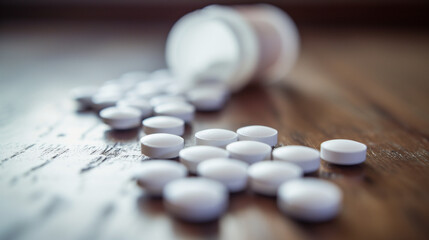 Photograph of prescription pills scattered on the table with open pill bottles. The effect of drug addiction in the healtcare industry.