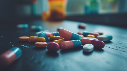 Photograph of prescription pills scattered on the table with open pill bottles. The effect of drug addiction in the healtcare industry. - obrazy, fototapety, plakaty