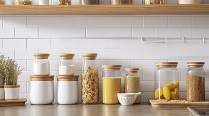 kitchen organization with white and light yellow smooth ceramic jars meticulously arranged for cereals, neatly displayed on a kitchen shelf, radiating a sense of freshness and sophistication.