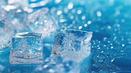 Obraz premium Close up of Ice cubes with melt water on blue background. Ice concept for drinks. generative AI