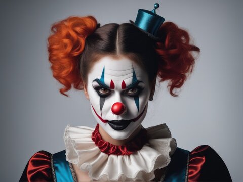 Portrait of a beautiful and scary young clowness