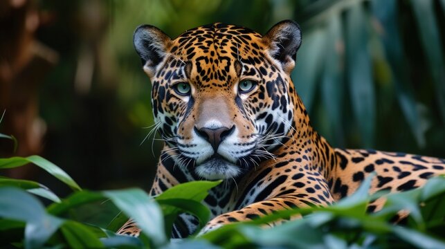 Portrait of a Jaguar in the American forest, Panthera is a species of wild cat. generative AI image