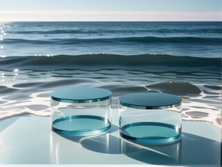 empty glass circle podiums on light blue transparent calm water
