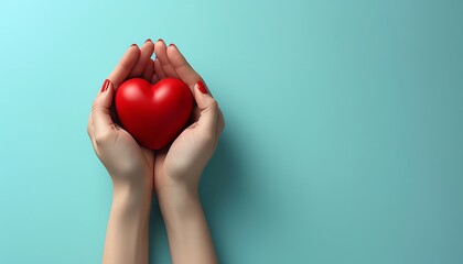 Caring hands embracing a vibrant red heart on a serene blue background   medical concept