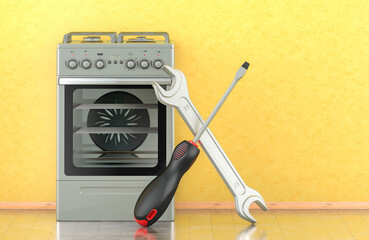 Gas range with screwdriver and wrench in interior. Service and repair of gas stove, concept. 3D rendering