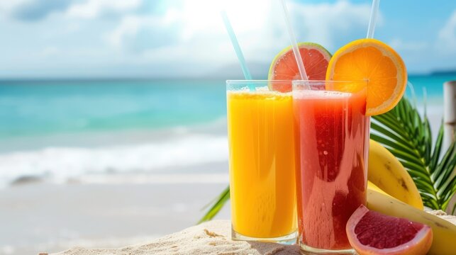 Fruit juice drink at summer beach. generative AI image