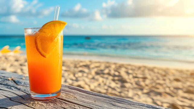 Fruit juice drink at summer beach. generative AI image