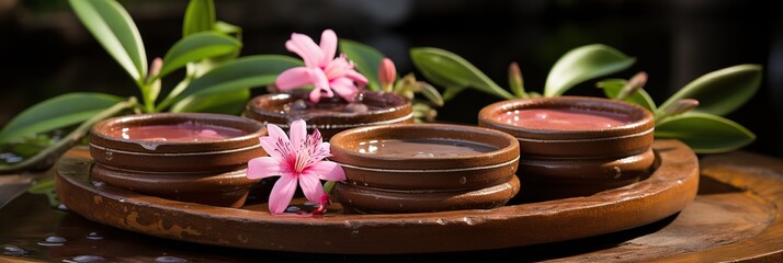 Pink lilies enhancing the beauty of clay bowls filled with liquid chocolate