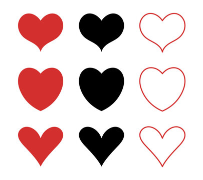 Hearts flat icons. Red, black and outline heart icon. Love icon. Vector illustration.Hearts flat icons. Red, black and outline heart icon. Love icon. Vector illustration.
