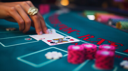 High Stakes Elegance: Woman's Hand Revealing Blackjack Victory with Queen and Ace on Vibrant Casino Table, with Pink Gambling Chips in Soft Focus