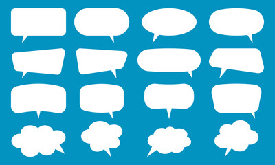 Set of speech bubbles. Bubble text, message box, cartoon chat. Chat text box for comments, posts, comics. White speech bubbles isolated on blue background. 