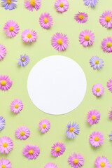 Stylish border frame of pink and purple flower aster on green background with blank paper sheet. Spring and summer greeting card template. Flat lay, top view, mockup. Aesthetic floral pattern.