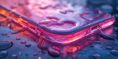 Handy in pink und lila leuchtende Flüssigkeiten als Hintergrundmotiv, ai generativ - obrazy, fototapety, plakaty