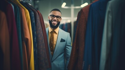 African-American salesman standing in a store near the costume racks. - obrazy, fototapety, plakaty
