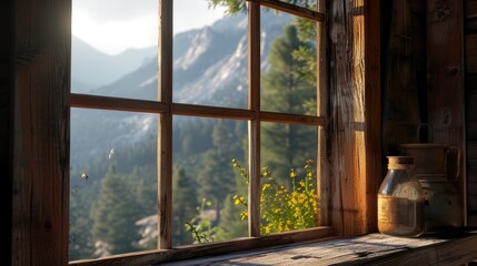 view from the window of a mountain cabin, bathed in sunlight, offering a serene and picturesque scene of nature's beauty.