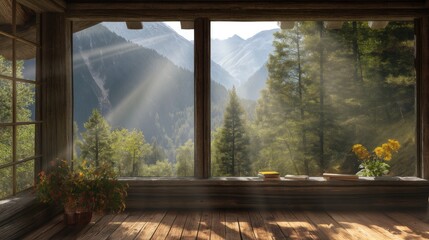 view from the window of a mountain cabin, bathed in sunlight, offering a serene and picturesque scene of nature's beauty.