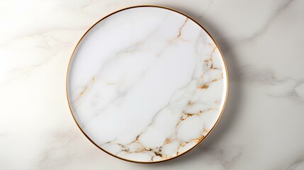Top View of an empty Plate in gold Colors on a white Marble Background. Elegant Template with Copy Space