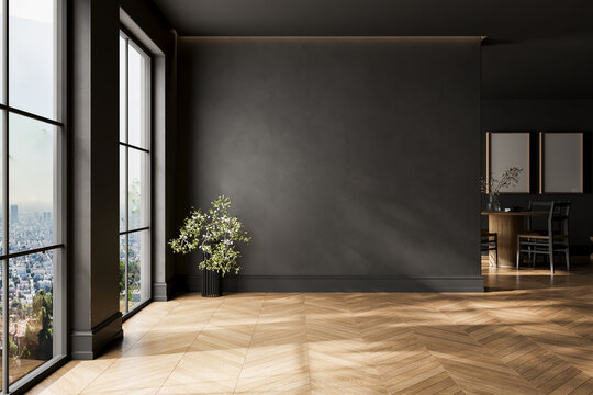 Modern black interior empty room , table with chairs. Mock up. Suitable for interior rooms furniture template.