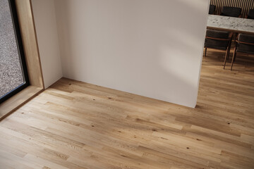Modern interior design of apartment, dining room with table and chairs, empty living room with white wall. © leymandesign