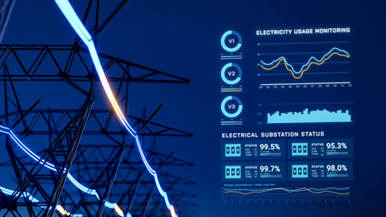 Electric transmission tower with glowing electricity flowing, electrical power transmit from high voltage substation infrastructure to city, energy usage monitoring dashboard interface 3d rendering