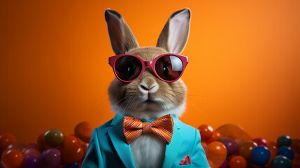Fototapeta premium A young rabbit with sunglasses and a suit on an orange background.