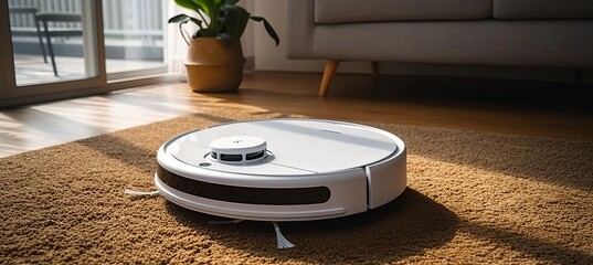 White robot vacuum cleaner moving on brown laminate floor in cozy apartment with copy space