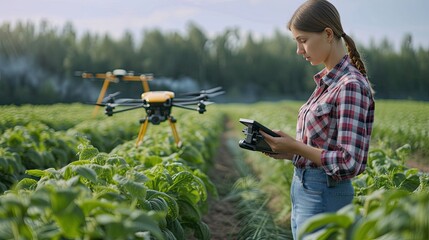 a female farmer holding a tablet device, utilizing AI technology to control agriculture drones, providing an overview of the AI integration in modern agricultural practices.