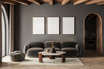 Mockup frame in interior background, room in gray colors, Scandi-Boho style