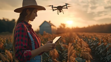 a female farmer holding a tablet device, utilizing AI technology to control agriculture drones, providing an overview of the AI integration in modern agricultural practices.