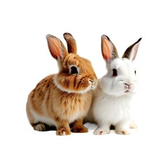 Two Cute Rabbits Sitting Together on White Background, One Brown and One White