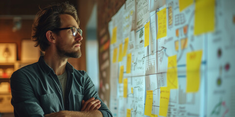 Thoughtful male professional evaluating project plans on a wall full of sticky notes